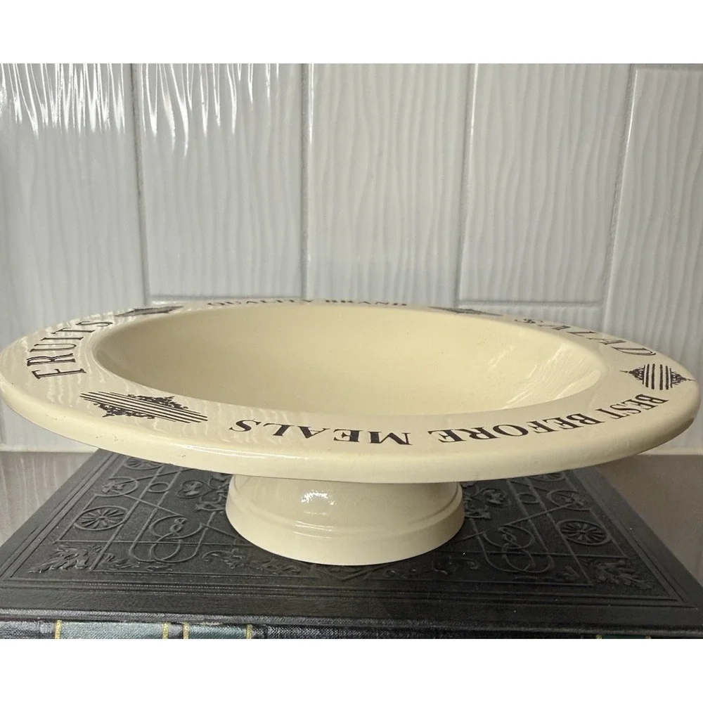 Vintage Style Enamelware Pedestal Fruit Bowl Cream & Black Cottagecore Metal GUC